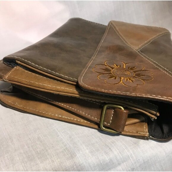 The Stone Bag Top Handle Embroidered Flower Brown Faux Leather 10x7.5" - Picture 6 of 13